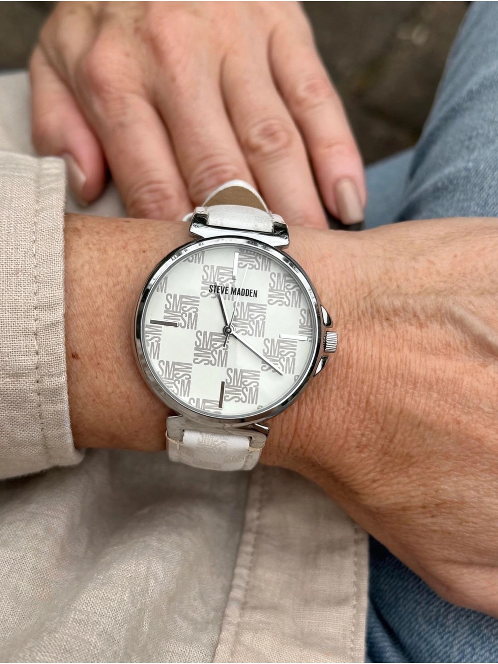 Steve Madden White Logo Dial Silver-Tone Watch